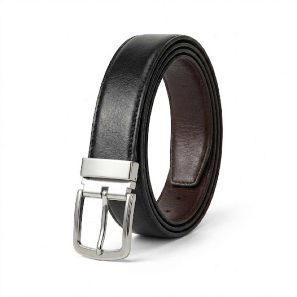 Reversible Leather Belt 42 Inch Black Brown Silver Buckle